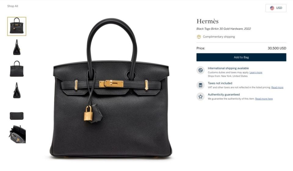 The price of a Black Togo 30 Birkin varies widely on resale platforms based on the bag’s condition, type of hardware metals and the year it was purchased from Hermès, going for anywhere from $30,500 for a “like new” bag on Sotheby’s. Sotheby's