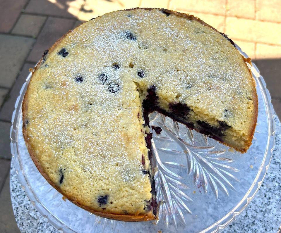 Sliced Ina Garten's Blueberry Ricotta Breakfast Cake