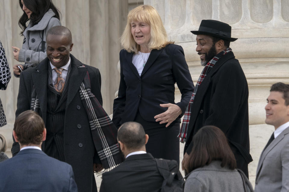 FILE - In this March 20, 2019 file photo, Attorney Sheri Johnson leaves the Supreme Court after challenging a Mississippi prosecutor's decision to keep African-Americans off the jury in the trial of Curtis Flowers, in Washington. The Supreme Court is throwing out the murder conviction and death sentence for Flowers because of a prosecutor's efforts to keep African Americans off the jury. The defendant already has been tried six times and now could face a seventh trial. The court's 7-2 decision Friday says the removal of black prospective jurors violated the rights of inmate Curtis Flowers. (AP Photo/J. Scott Applewhite)