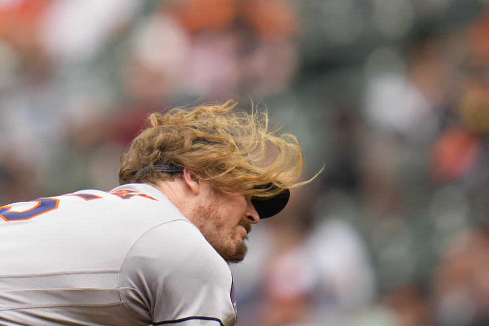 Houston Astros relief pitcher Ryne Stanek throws to the Baltimore Orioles in the eighth inning of a baseball game, Thursday, Aug. 10, 2023, in Baltimore. The Orioles won 5-4. (AP Photo/Julio Cortez)