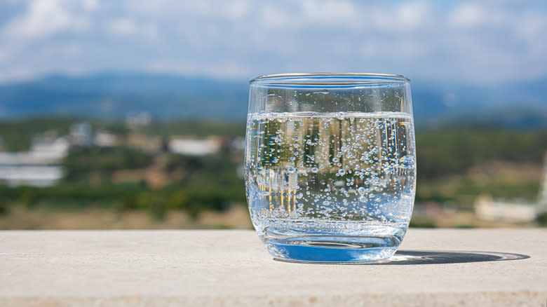 glass of sparkling water with mountain view