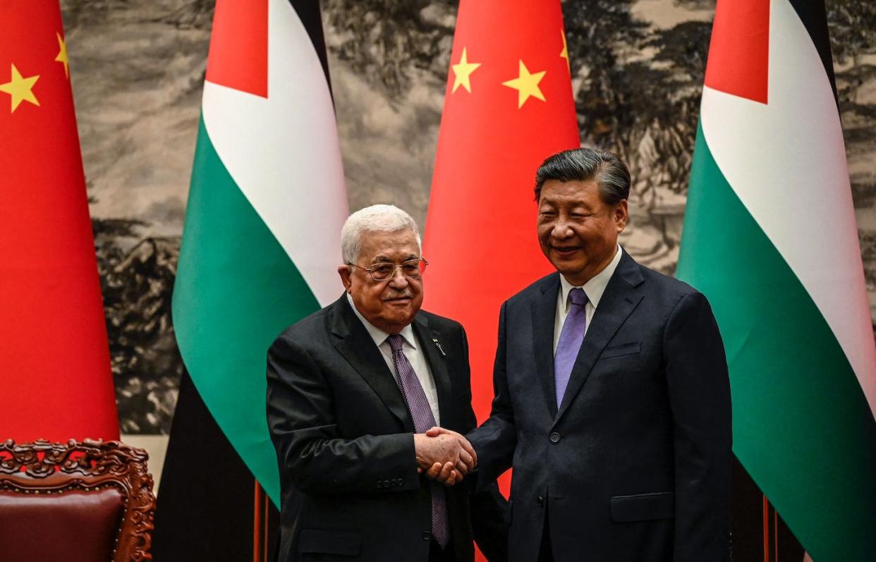 China's President Xi Jinping meets Palestinian President Mahmud Abbas in Beijing on June 14, 2023. <a href="https://www.gettyimages.com/detail/news-photo/chinas-president-xi-jinping-shakes-hands-with-palestinian-news-photo/1258685965?adppopup=true" rel="nofollow noopener" target="_blank" data-ylk="slk:Jade Gao/AFP via Getty Images;elm:context_link;itc:0;sec:content-canvas" class="link ">Jade Gao/AFP via Getty Images</a>