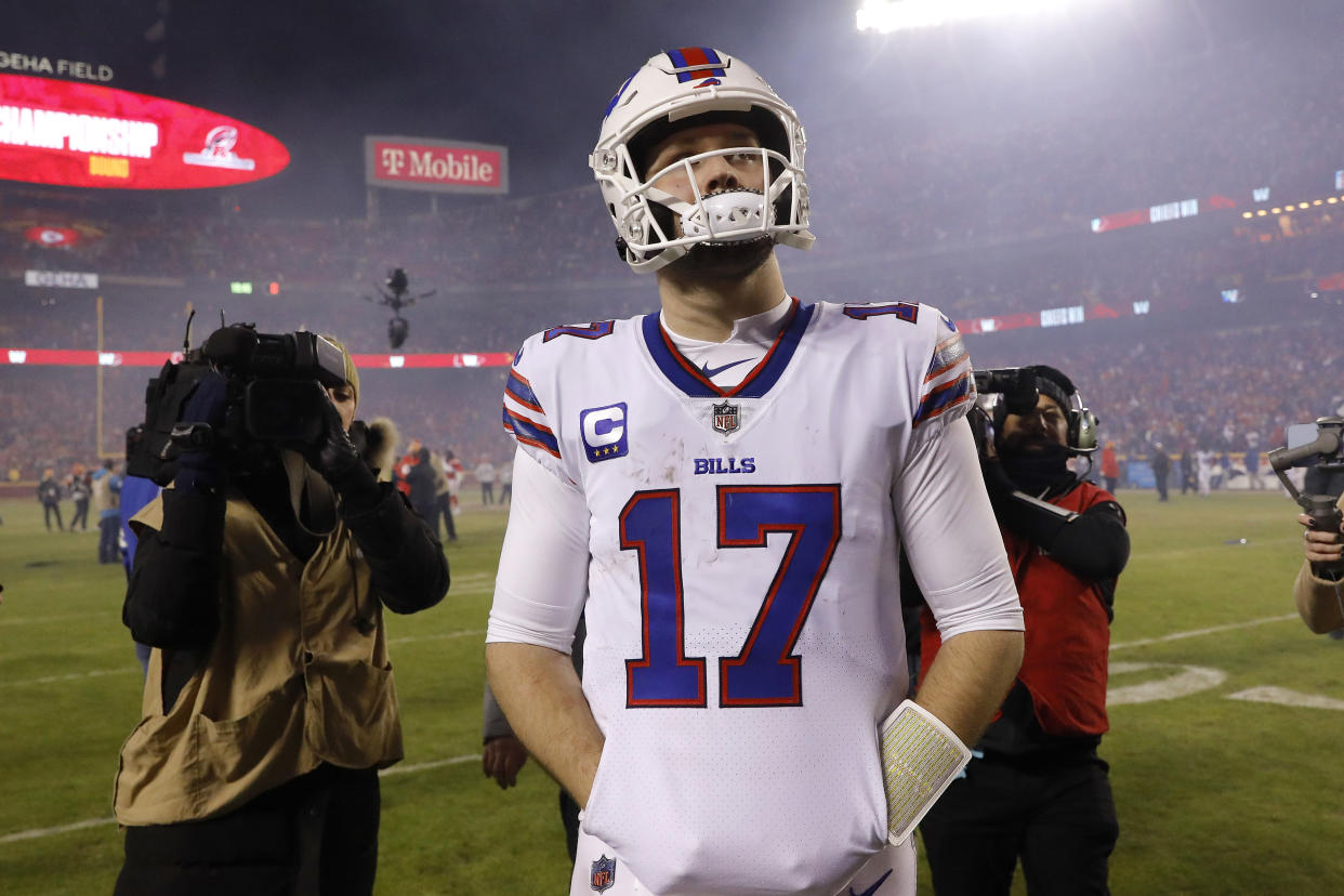 KANSAS CITY, MISSOURI - JANUARY 23: Josh Allen #17 of the Buffalo Bills walks off the field after being defeated by the Kansas City Chiefs in the AFC Divisional Playoff game at Arrowhead Stadium on January 23, 2022 in Kansas City, Missouri. (Photo by David Eulitt/Getty Images)