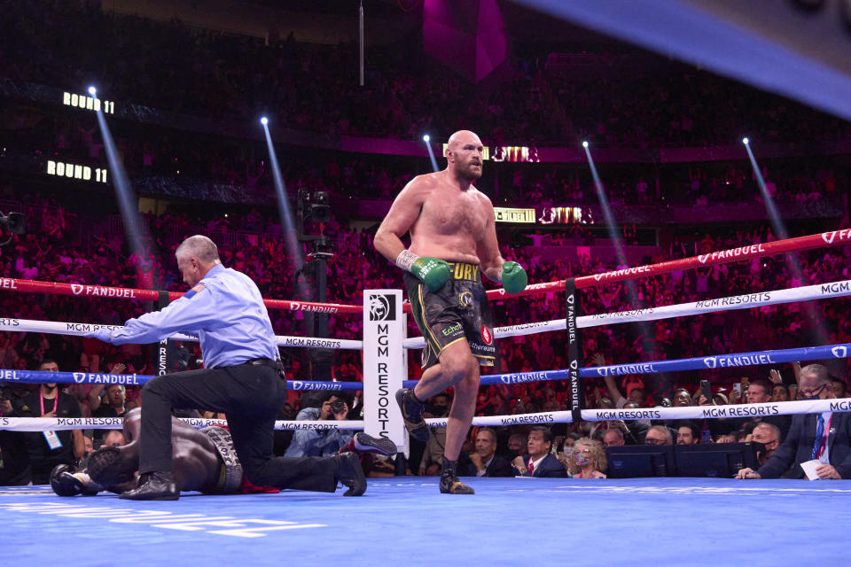 Boxing: WBC Heavyweight Title: Tyson Fury after knocking out Deontay Wilder at T-Mobile Arena. Paradise, NV 10/9/2021 CREDIT: Erick W. Rasco (Photo by Erick W. Rasco/Sports Illustrated via Getty Images) (Set Number: X163827 TK1)
