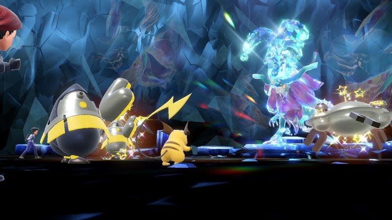 A team of Raichu, two Iron Hands, and a Magnezone are seen fighting Walking Wake in a tera raid den.