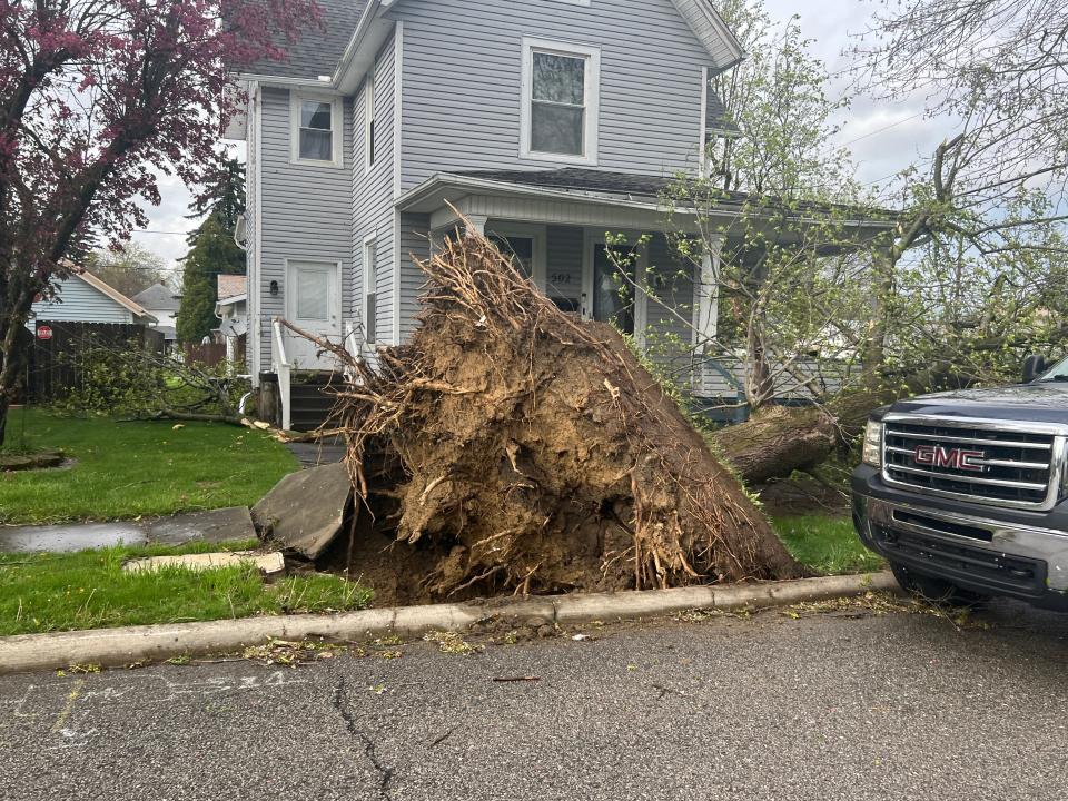 A high-wind storm hit Bucyrus and Crawford County late afternoon Wednesday. Trees were knocked down, buildings were damaged and power was out.