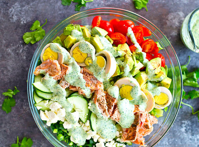 Grilled Salmon Cobb Salad with Cilantro Lime Ranch Dressing