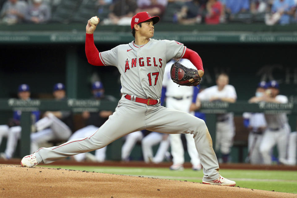 Los Angeles Angels starting pitcher Shohei Ohtani works the first inning against the Texas Rangers during a baseball game on Monday, April 26, 2021, in Arlington, Texas. (AP Photo/Richard W. Rodriguez)