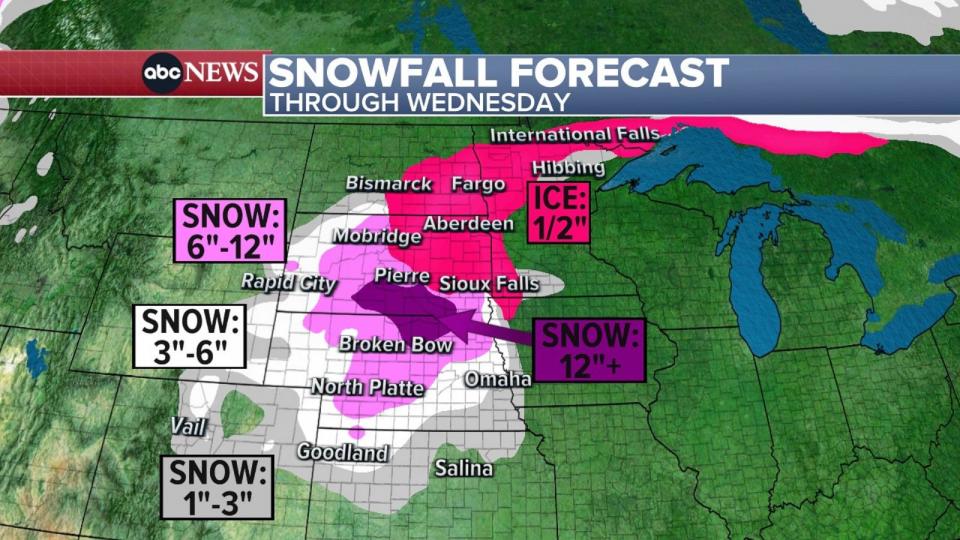 PHOTO: Snowfall Forecast Through Wednesday Map (ABC News)