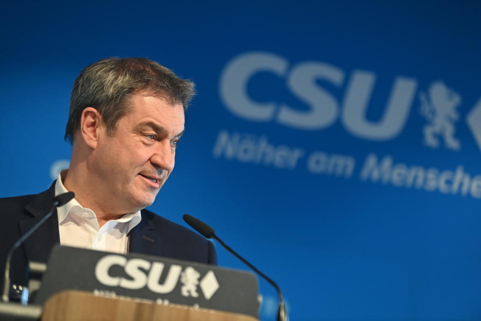 CSU leader and Bavarian Prime Minister Markus Soeder holds a press conference after the CSU presidium meeting in Munich, Germany, Monday, April 19, 2021. The fronts remain deadlocked in the CDU and CSU power struggle over the CDU/CSU chancellor candidacy. (Peter Kneffel/Pool via AP)