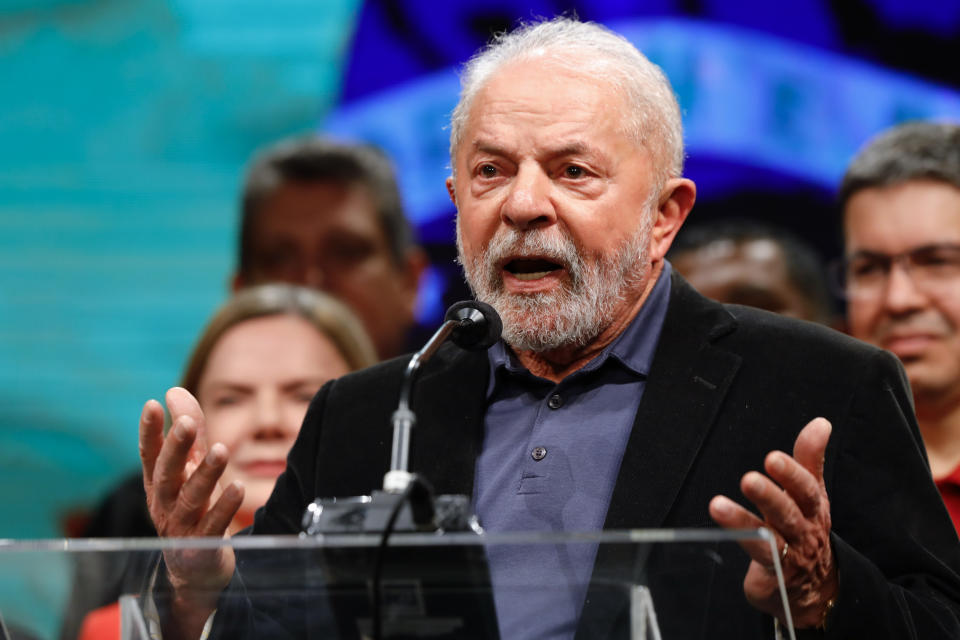 Former Brazilian President Luiz Inacio Lula da Silva, who is running for president again, speaks to supporters after general election polls closed in Sao Paulo, Brazil, Sunday, Oct. 2, 2022.(AP Photo/Marcelo Chello)