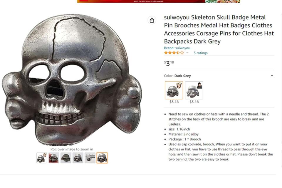 Skeleton skull brooch on Amazon that SWC says is Nazi-related