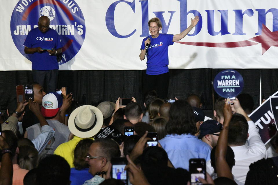 Massachusetts Sen. Elizabeth Warren addresses the crowd at House Majority Whip Jim Cyburn's "World Famous Fish Fry" on Friday, June 21, 2019, in Columbia, S.C. Nearly all the candidates for the Democratic presidential nomination appeared at the event. (AP Photo/Meg Kinnard)