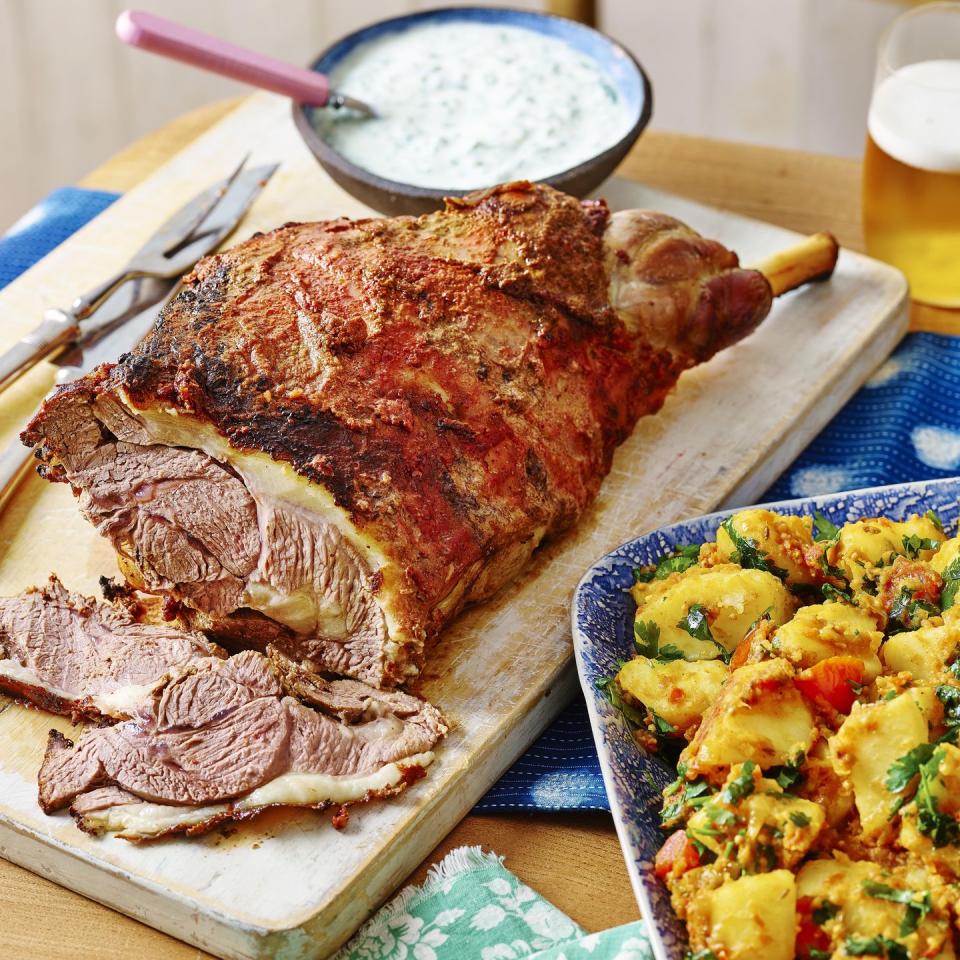 tandooristyle lamb leg with bombay potatoes