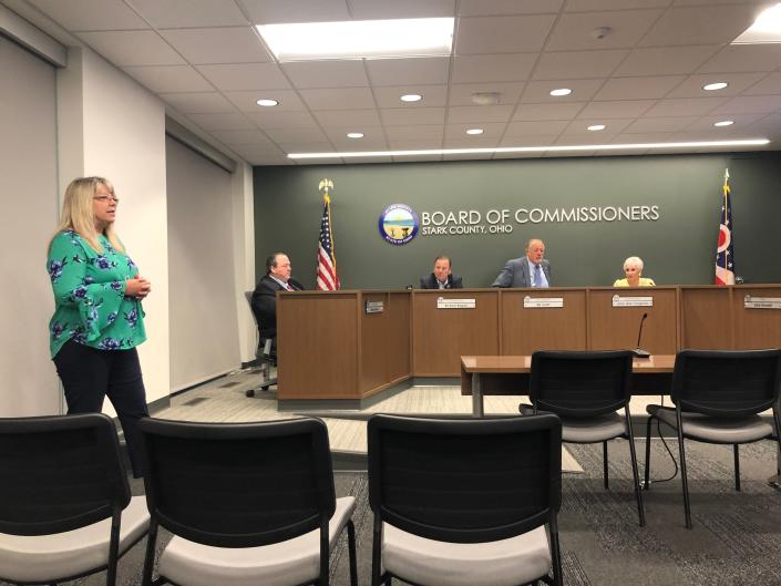Dawn Moeglin, a member of the Age-Friendly Stark County Steering Committee, on Tuesday asks for the Stark County commissioners' support in seeking AARP's designation of Stark County as &quot;age-friendly.&quot;