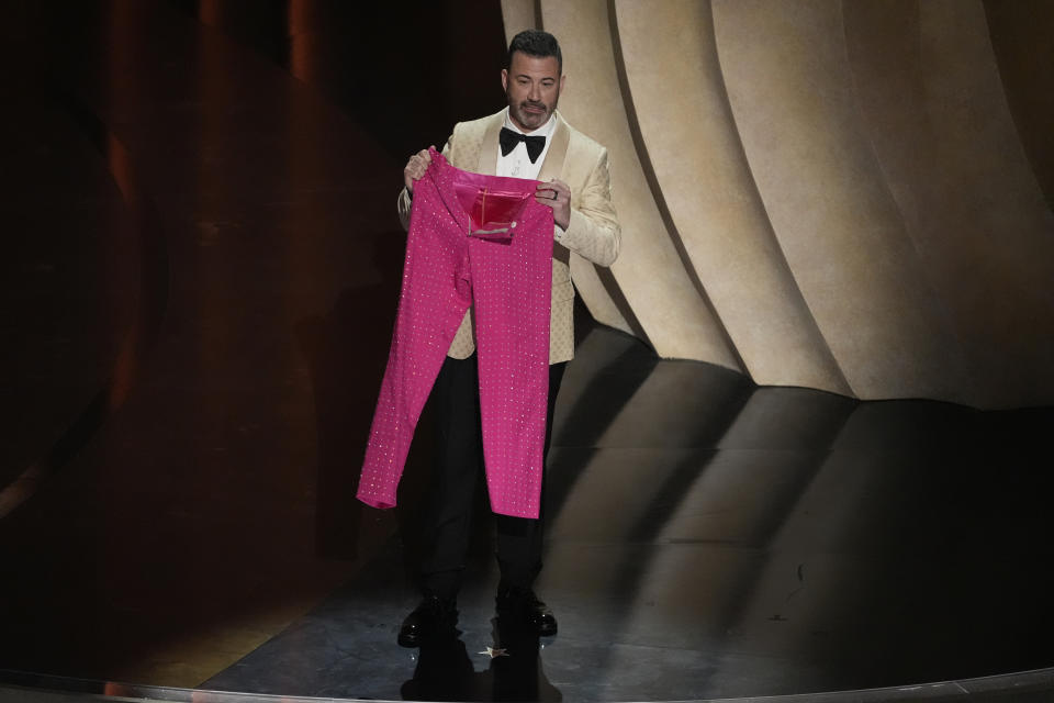 Jimmy Kimmel speaks during the Oscars on Sunday, March 10, 2024, at the Dolby Theatre in Los Angeles. (AP Photo/Chris Pizzello)