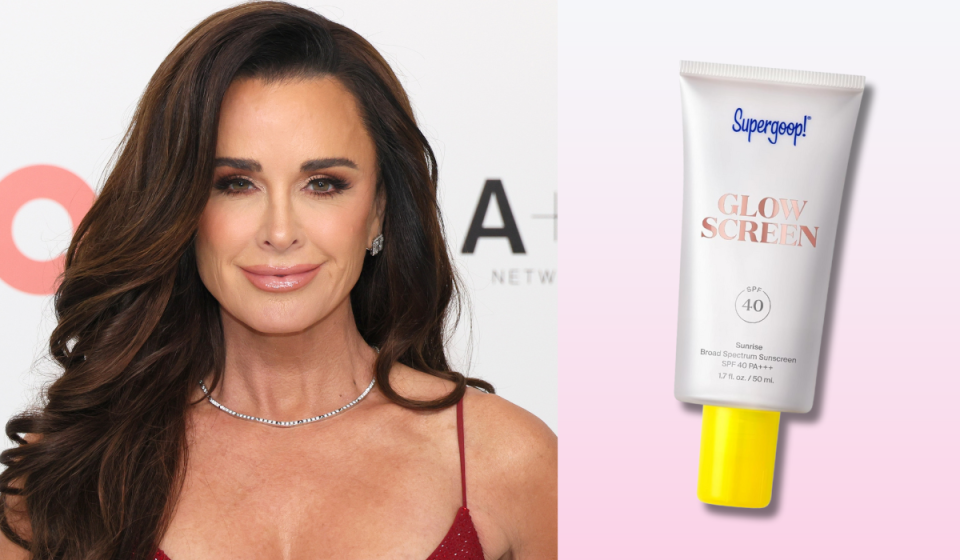 Kyle Richards and tube of Supergoop! SPF 40 Glowscreen sunscreen