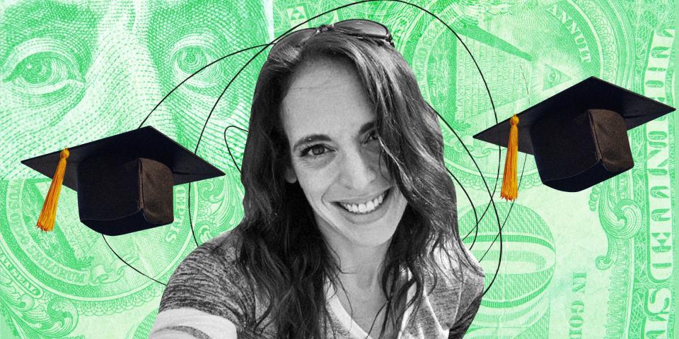 Cutout photo of a woman surrounded by black graduation caps, against a green background made up of collaged close-ups of a 100 dollar bill