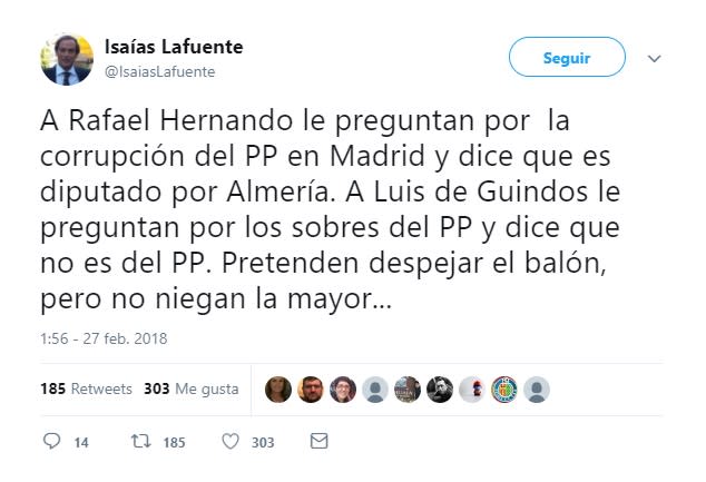 <p>No es la primera vez que un político del PP echa balones fuera sobre este tema, Rafael Hernando también salió por la tangente.<br>Foto: Twitter. </p>