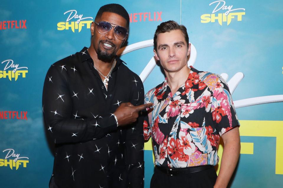 <p>Jamie Foxx and Dave Franco attend a screening of their new film <em>Day Shift</em> at the Alamo Drafthouse Cinema Lake Highlands on Aug. 5 in Dallas.</p>