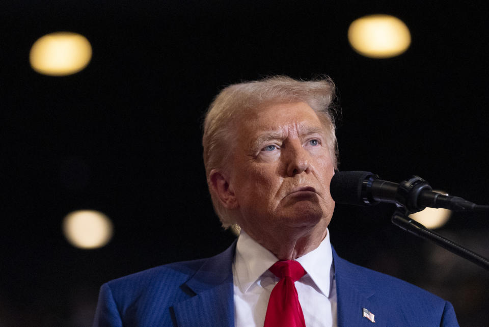 Republican presidential candidate former President Donald Trump pauses as he speaks at a campaign event at the Nassau Coliseum, Wednesday, Sept. 18, 2024, in Uniondale, N.Y. (AP Photo/Alex Brandon)