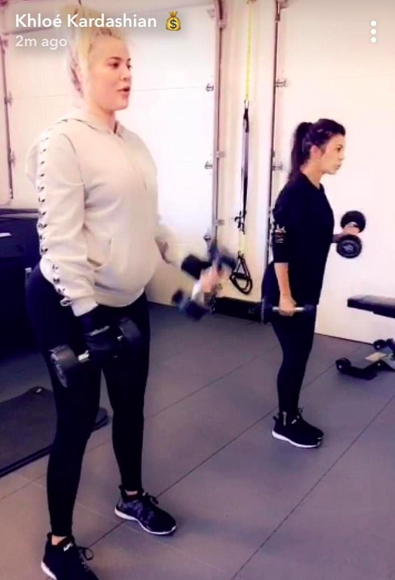 Khloe has enjoyed a workout despite being slammed by fans for training while pregnant. Source: Snapchat/KhloeKardashian