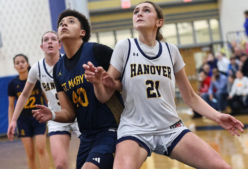 Hanover captain Mary Kate Flynn positions herself for a rebound.
Hanover girls basketball falls to St. Mary's Lynn 47-31 at home on Friday, March. 8, 2024