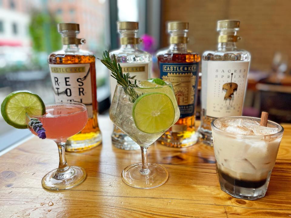 An apple ginger whiskey cider, from left, a gin sangaree and a white Russian are three of the cocktails that will be served at Onesto's four-course Castle & Key Cocktail Dinner on Sept. 19.