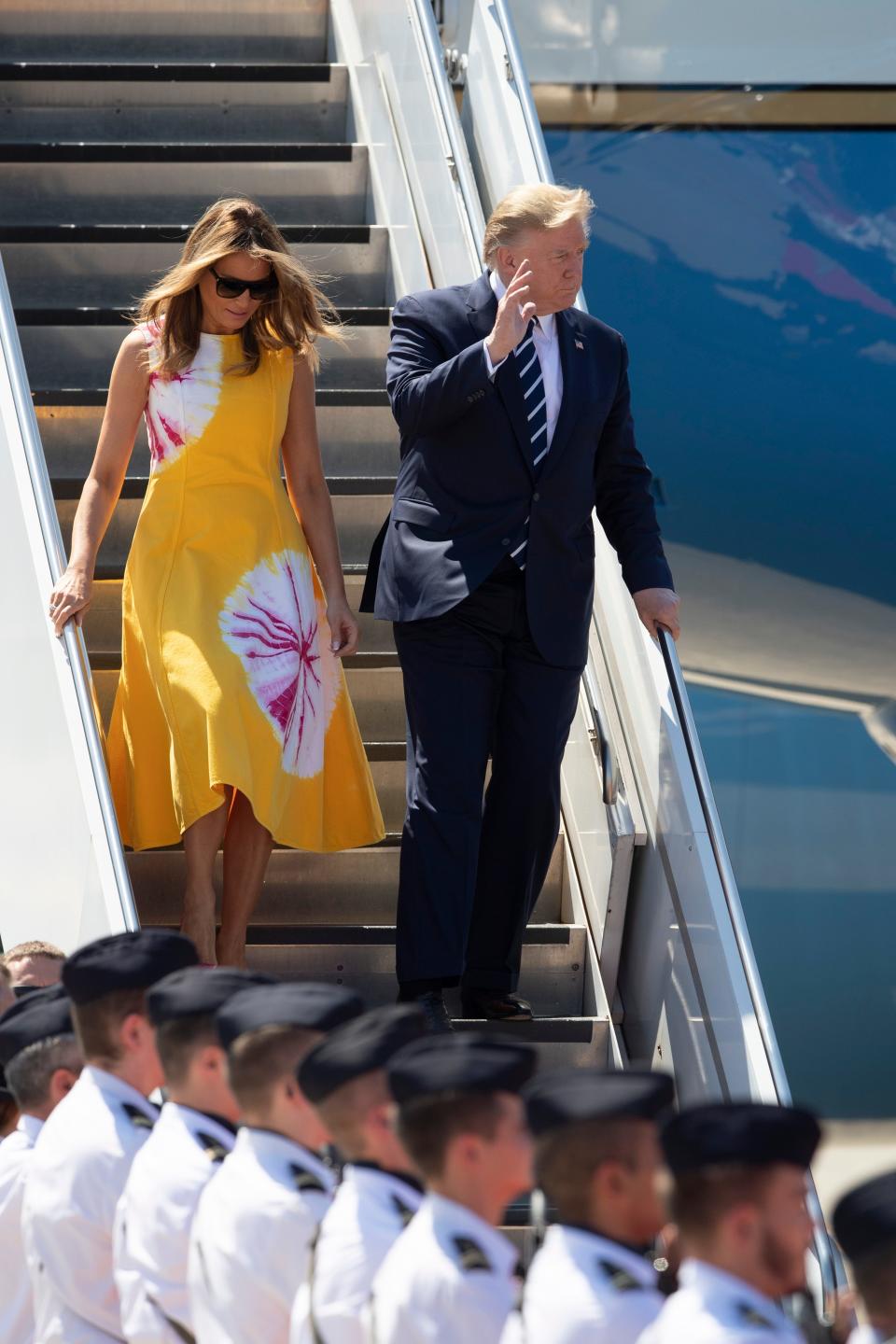 President Donald Trump and his wife Melania arrive at the airport in Biarritz, France, for the first day of the G-7 summit. Trump and the six other leaders of the Group of Seven nations will begin meeting Saturday for three days in the southwestern French resort town of Biarritz.