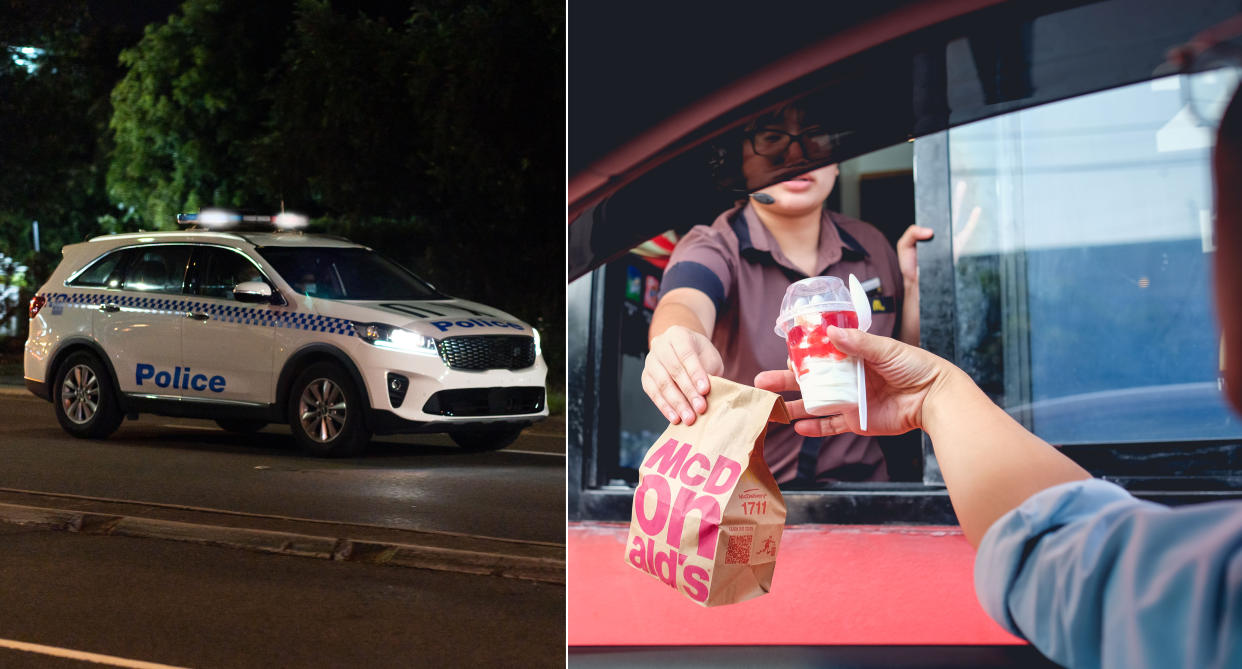 A generic image of a police car and someone being handed their McDonalds order in a drive-through, including a sundae. Source: Getty Images