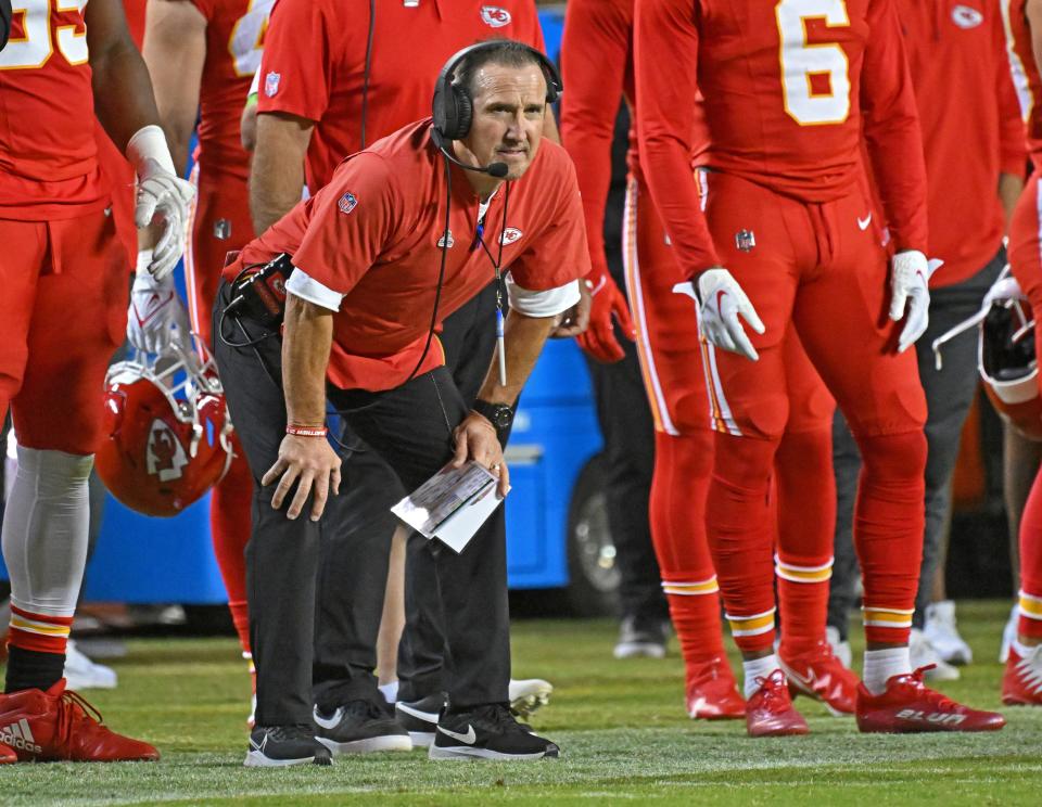 Kansas City Chiefs defensive coordinator Steve Spagnuolo looks out onto the field during a game against the Denver Broncos earlier this season.