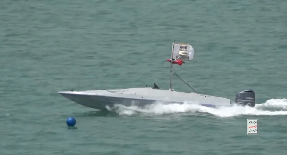 Footage purporting to show a Houthi drone boat.