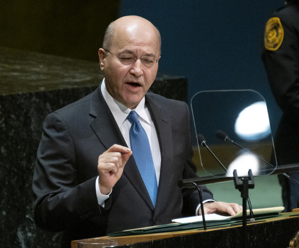 Iraqi President Barham Salih addresses the 74th session of the United Nations General Assembly, Wednesday, Sept. 25, 2019, at the United Nations headquarters. (AP Photo/Craig Ruttle)