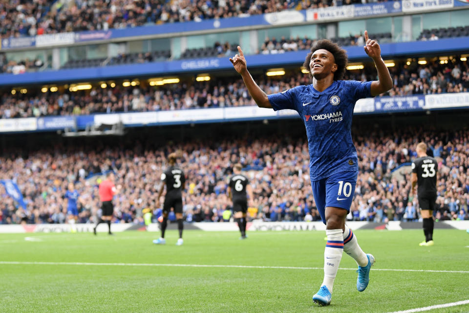 LONDON, ENGLAND - SEPTEMBER 28: Willian of Chelsea celebrates after scoring his team's second goal during the Premier League match between Chelsea FC and Brighton & Hove Albion at Stamford Bridge on September 28, 2019 in London, United Kingdom. (Photo by Darren Walsh/Chelsea FC via Getty Images)