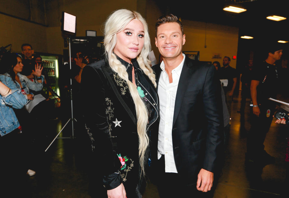 <p>LAS VEGAS, NV – SEPTEMBER 23: Kesha and Ryan Seacrest attend the 2017 iHeartRadio Music Festival at T-Mobile Arena on September 23, 2017 in Las Vegas, Nevada. (Photo: Getty Images for iHeartRadio) </p>