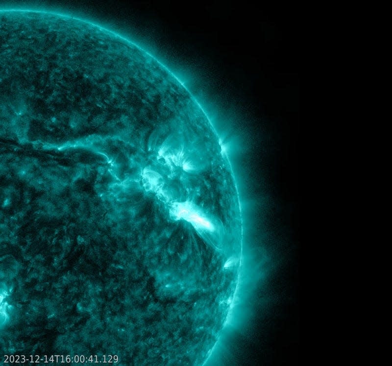 NASA’s Solar Dynamics Observatory captured this image of a solar flare on Dec. 14, 2023. Solar flares are powerful bursts of energy from the sun, NASA said.