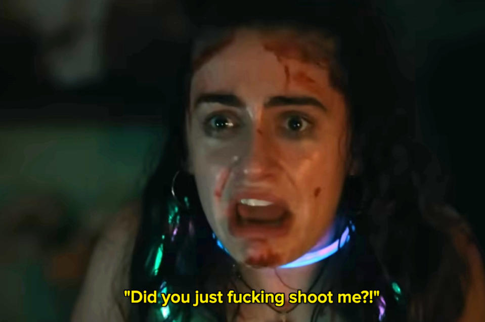 Rachel Sennott yelling, "Did you just fucking shoot me?!"