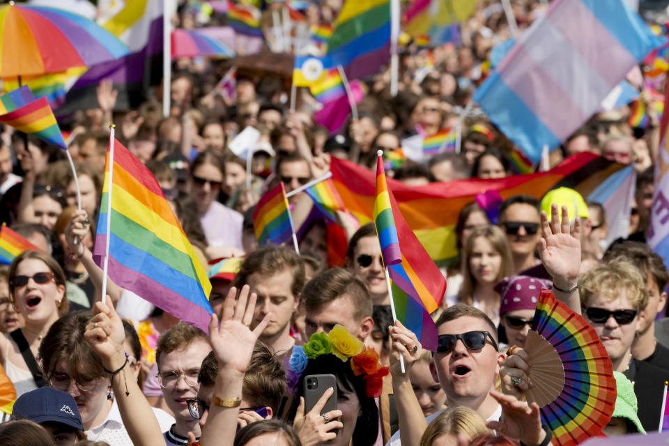 People take part in Poland's yearly Pride parade, known as the Equality Parade, in Warsaw, Poland, on Saturday June 17, 2023. This year's event was dedicated to transgender rights, which are facing a backlash in many countries. (AP Photo/Czarek Sokolowski)