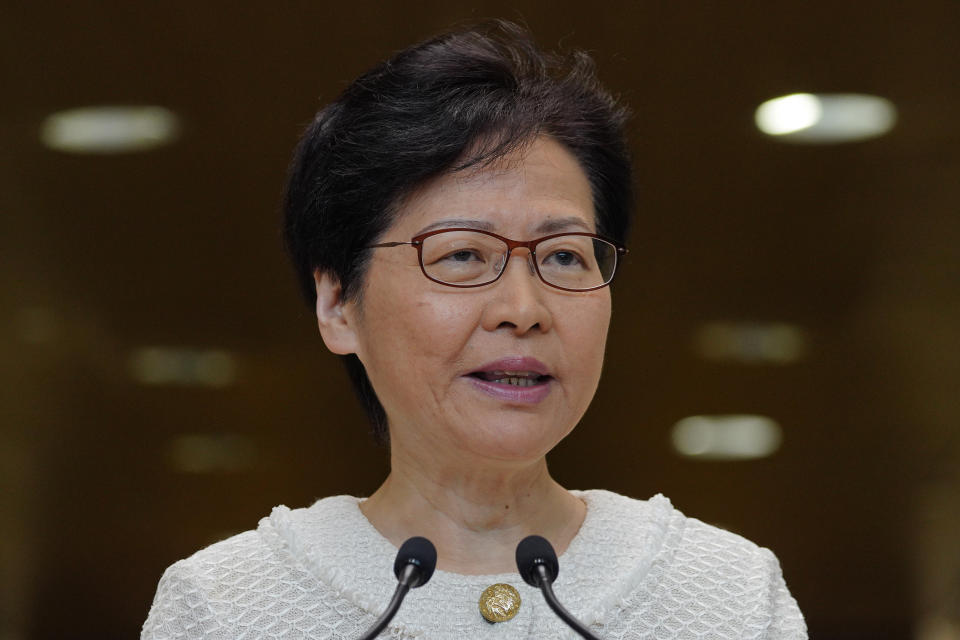 Hong Kong Chief Executive Carrie Lam, talks during a press conference at the government building in Hong Kong Tuesday, Sept. 10, 2019. Hong Kong leader Carrie Lam renews an appeal to pro-democracy protesters to halt violence and engage in dialogue, as the city's richest man urged the government to provide a way out for the mostly young demonstrators. (AP Photo/Vincent Yu)