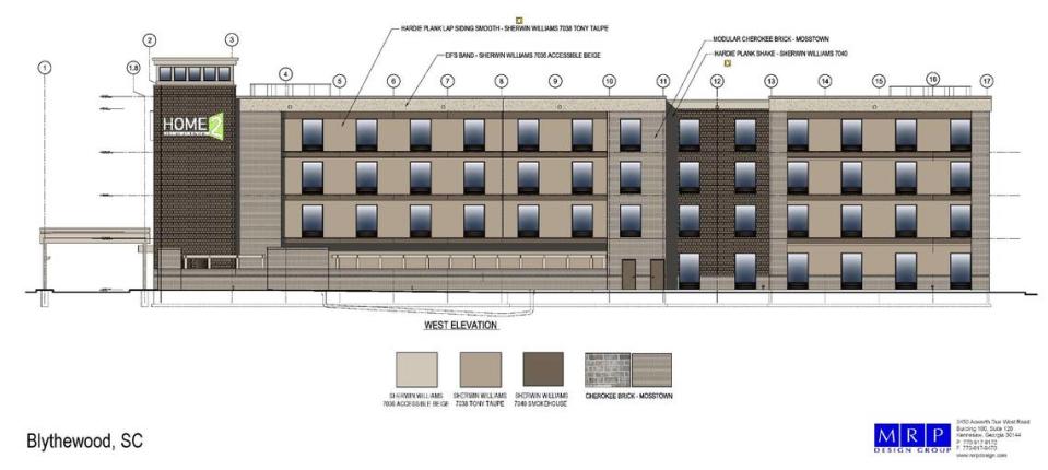 The West view rendering of the Home2Suites hotel under construction in Blythewood, South Carolina.