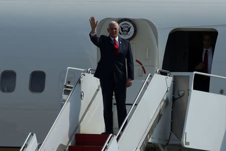 U.S. Vice President Mike Pence arrives at the airport for upcoming Summit of the Americas in Lima, Peru April 13, 2018. REUTERS/Guadalupe Pardo