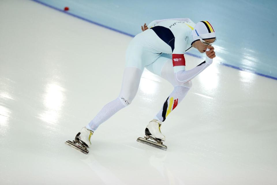 Bart Swings of Belgium competes in the men's 1,500-meter speedskating race at the Adler Arena Skating Center during the 2014 Winter Olympics in Sochi, Russia, Saturday, Feb. 15, 2014. (AP Photo/Pavel Golovkin)