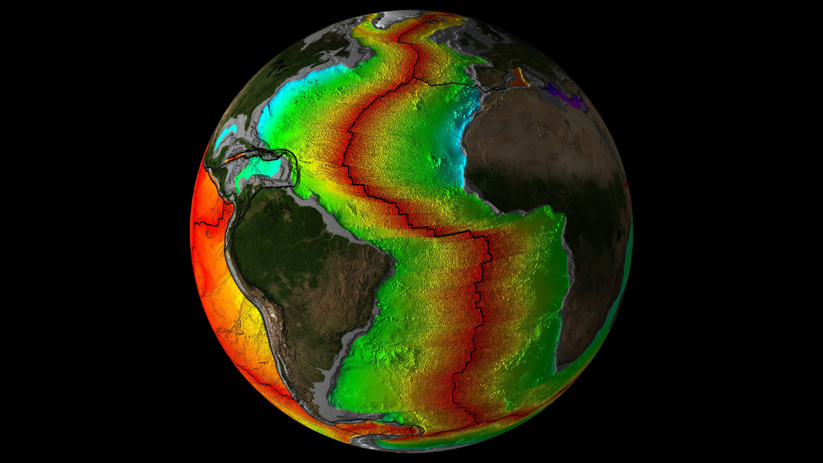  A false-color image of earth showing large sections of crust beneath the world's oceans and the fault lines where they connect. 