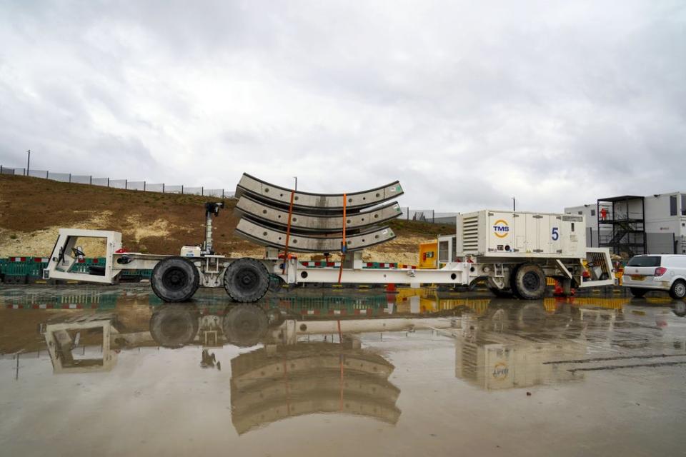 Tunnel segments wait to be loaded onto Florence – the largest ever tunnel boring machine used on a UK rail project – which is unveiled at the HS2 site in West Hyde near Rickmansworth in Hertfordshire (Steve Parsons/PA) (PA Wire)