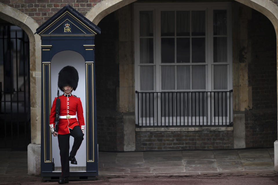 A member of the Coldstream Guards on duty in Friary Court outside of St James's Palace in London, Saturday, Sept. 10, 2022, before the Accession Council ceremony, where King Charles III is formally proclaimed monarch. Charles automatically became King on the death of his mother, but the Accession Council, attended by Privy Councillors, confirms his role. (Daniel Leal/pool photo via AP)