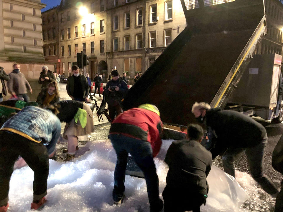 Left over ice dumped on the street in Glasgow in a protest by hospitality workers, as temporary restrictions announced by First Minister Nicola Sturgeon to help curb the spread of coronavirus have come into effect from 6pm on Friday.