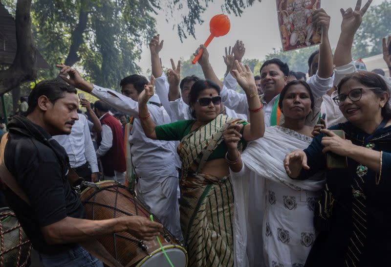 FILE PHOTO: Congress party celebrate after the initial poll results in Karnataka elections at the party headquarters in New Delhi