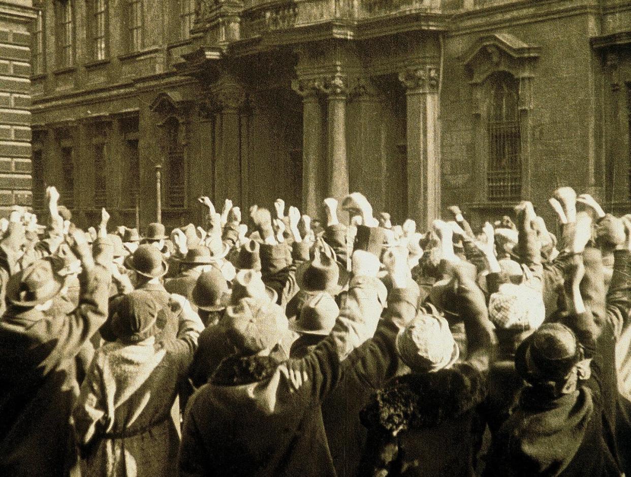A still from the film version of Hugo Bettauer's prophetic 1922 novel 'The City Without Jews.' <a href="https://sites.barbican.org.uk/thecitywithoutjews/assets/I8O6TbQPLw/stoj_15-1868x1483.jpeg" rel="nofollow noopener" target="_blank" data-ylk="slk:Barbican;elm:context_link;itc:0;sec:content-canvas" class="link ">Barbican</a>