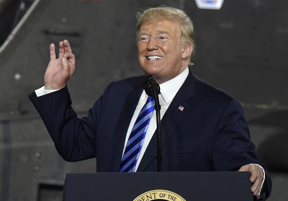 President Donald Trump speaks before signing the $716 billion defense policy bill named for Sen. John McCain during a ceremony Monday, Aug. 13, 2018, in Fort Drum, N.Y. Trump lashed out at Omarosa Manigault Newman on Monday, saying his former White House adviser — who is promoting a tell-all book and airing secret audio recordings —"got fired for the last time." (AP Photo/Hans Pennink)