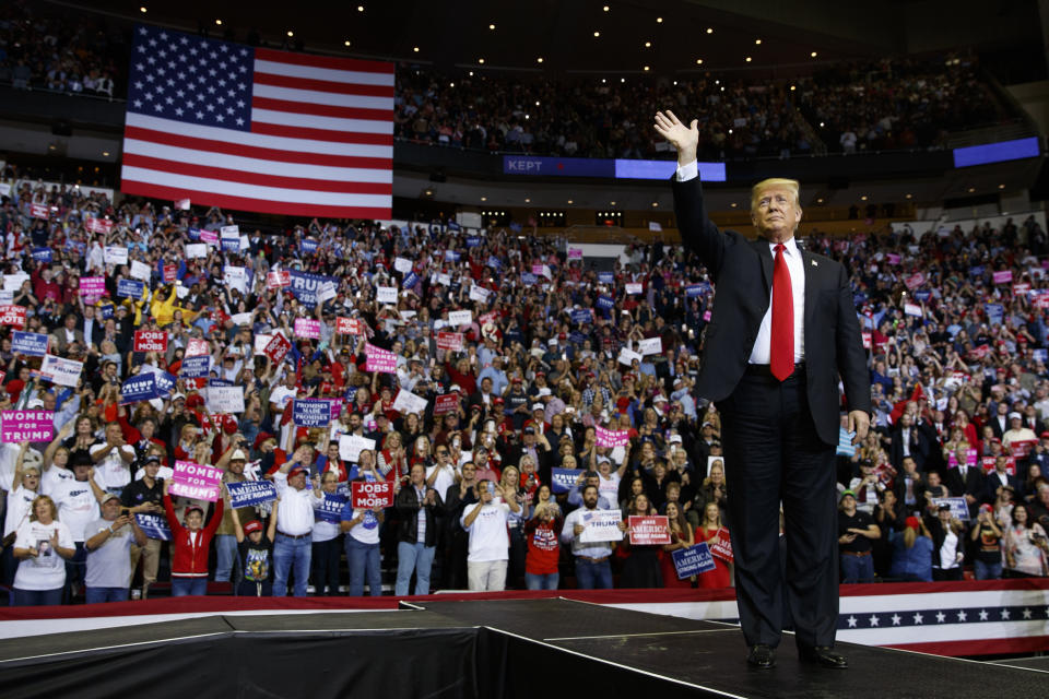 President Donald Trump arrives for a campaign rally for Sen. Ted Cruz, R-Texas, at Houston Toyota Center, Monday, Oct. 22, 2018, in Houston. (AP Photo/Evan Vucci)